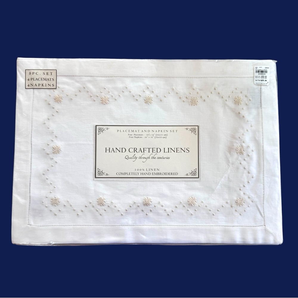 4 Linen Placemats  +Napkins White Hand-Embroidered Elegant Classic Style